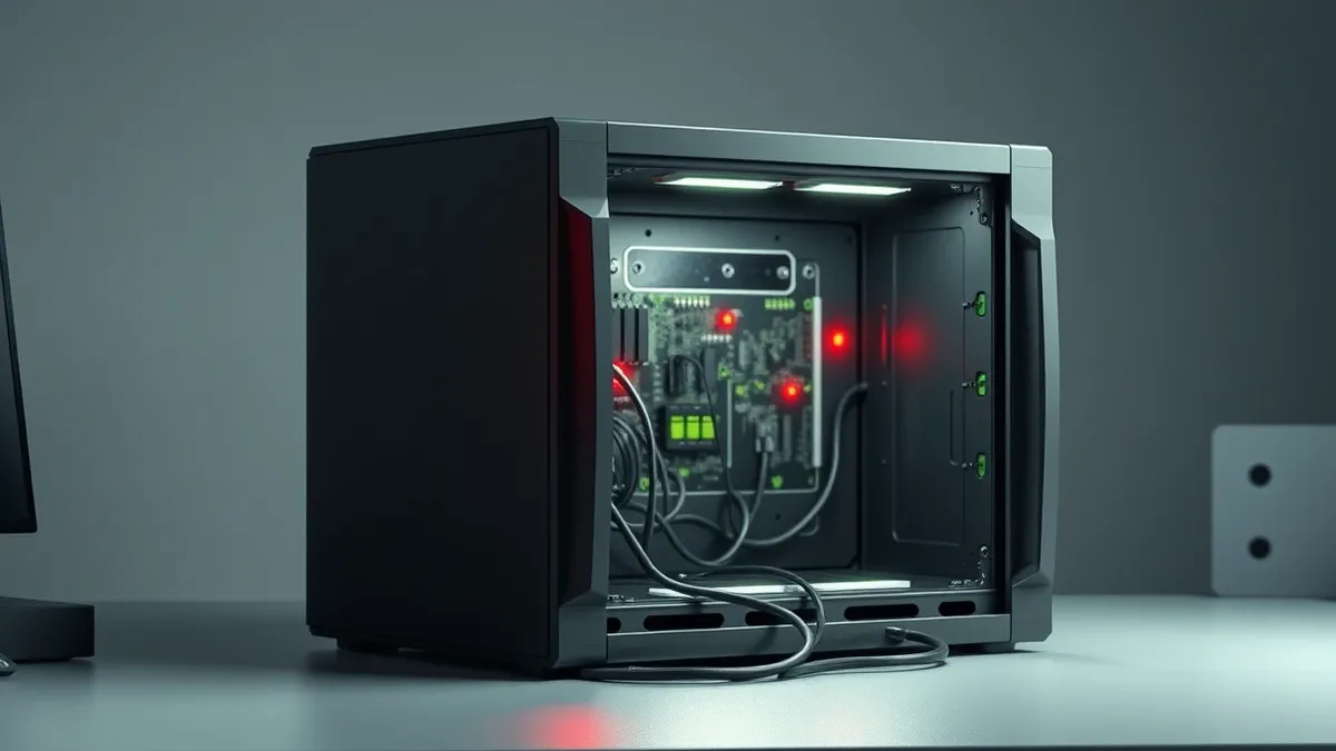 Illustration: A sleek black server box sits on a desk with its metal side panel removed, revealing empty slots where protective shields should be.