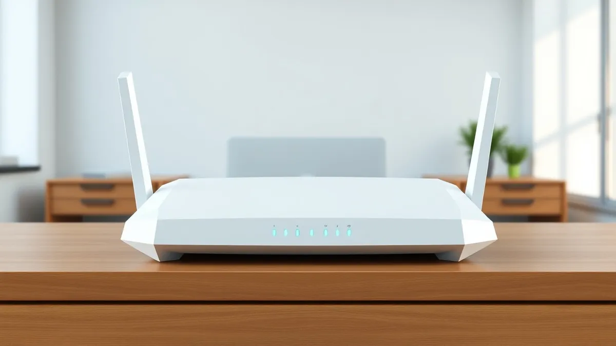 Illustration: A sleek white router sits on a wooden desk, its front panel displaying three softly pulsing blue indicator lights.