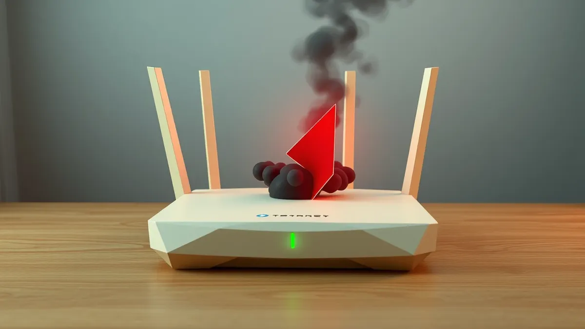 Illustration: A beige desktop router with four antennas sits on a wooden table.