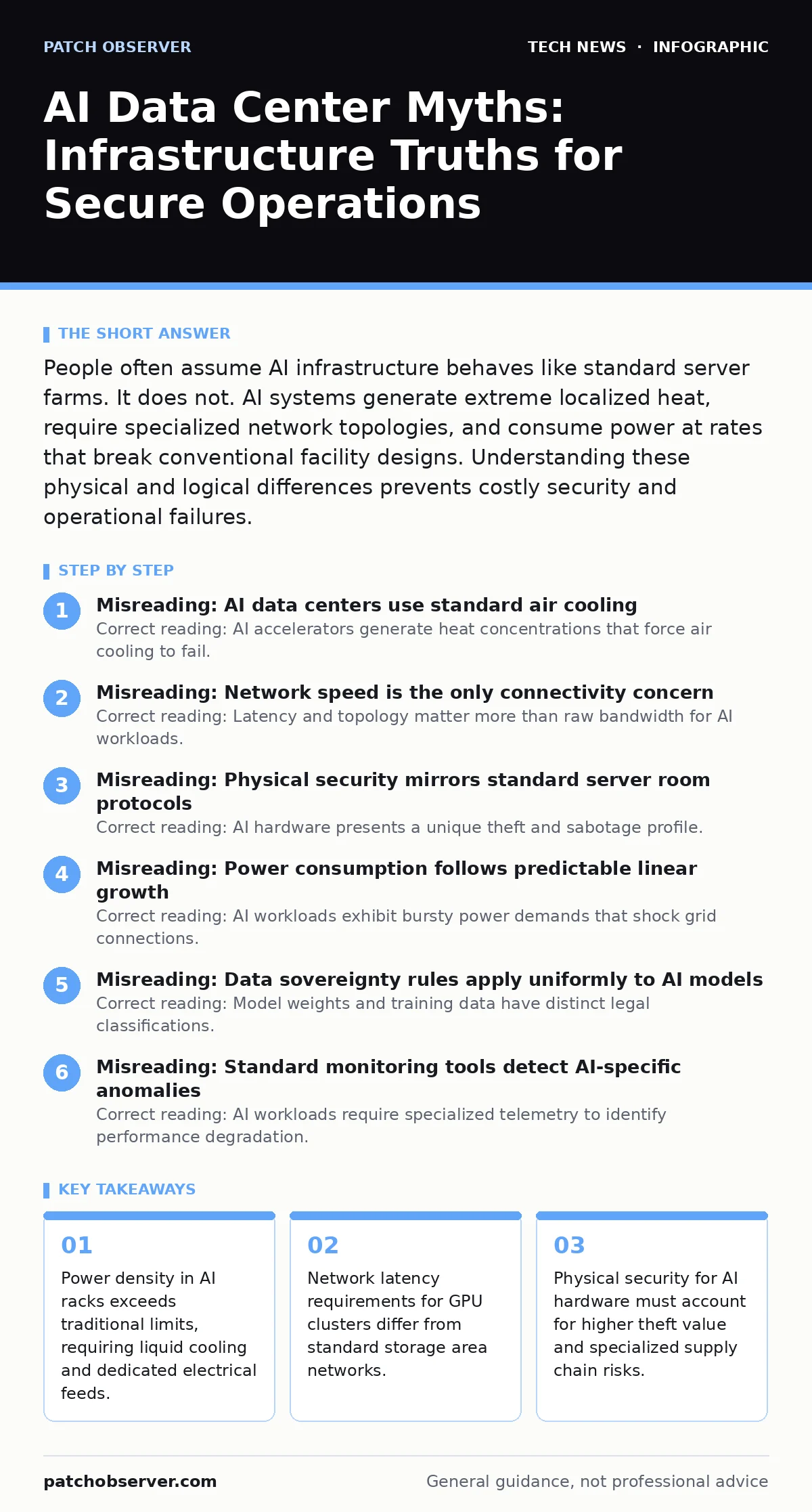Infographic: AI Data Center Myths: Infrastructure Truths for Secure Operations. Power density in AI racks exceeds traditional limits, requiring liquid cooling and dedicated electrical feeds. Network latency requirements for GPU clusters differ from standard storage area networks. Physical security f