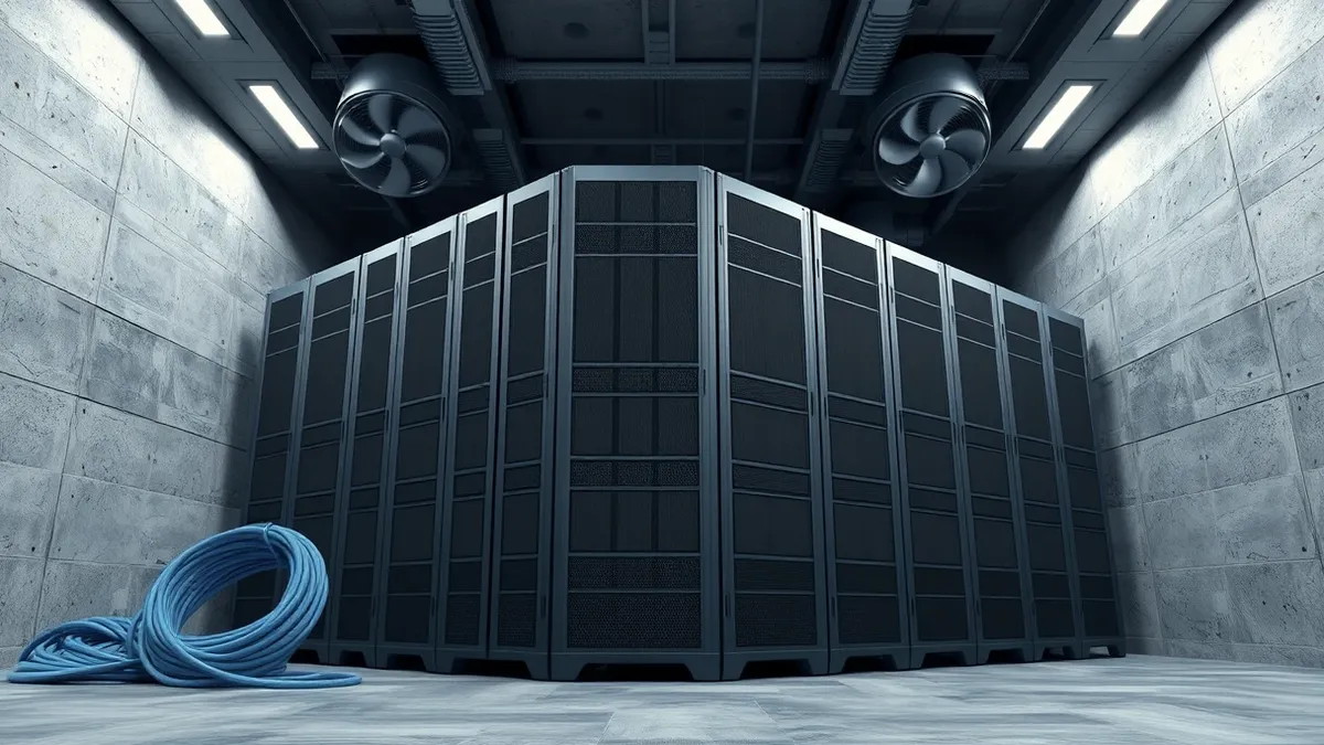 Illustration: A massive row of blank black server blades stands tightly packed in a concrete room.
