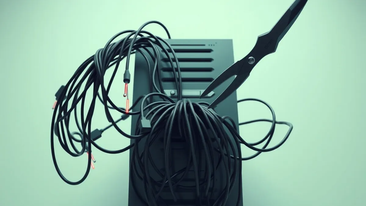 Illustration: A tangled web of black cables connects to a central server hub, with several strands being severed by large industrial shears.