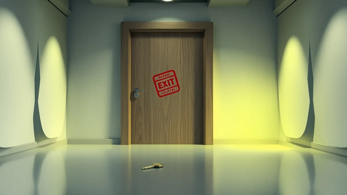 Illustration: A closed wooden door stands in a sterile office hallway.