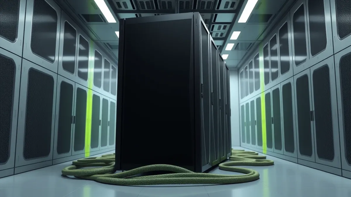 Illustration: A dense black server rack stands in a cooling corridor, its front panels dark and featureless.