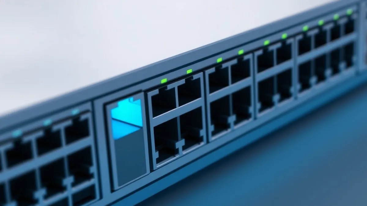 Illustration: A close-up view of a metallic network switch with many blank ports, where one single port glows with a faint blue light while the others remain dark and covered by sm