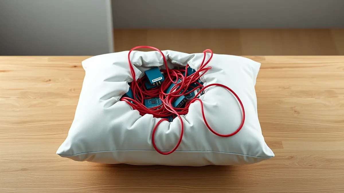 Illustration: A white ceramic pillow sits on a wooden surface, its fabric surface torn open to reveal tangled red wires and blue circuit boards spilling out from the stuffing, crea