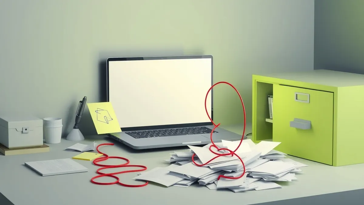 Illustration: An open laptop sits on a cluttered desk next to a sticky note with abstract geometric shapes.