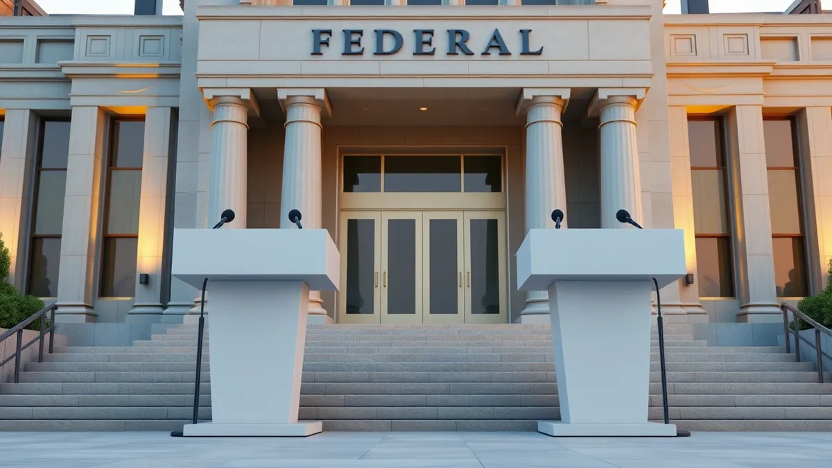 Illustration: A federal building exterior features two large, blank podiums positioned side by side on the front steps.