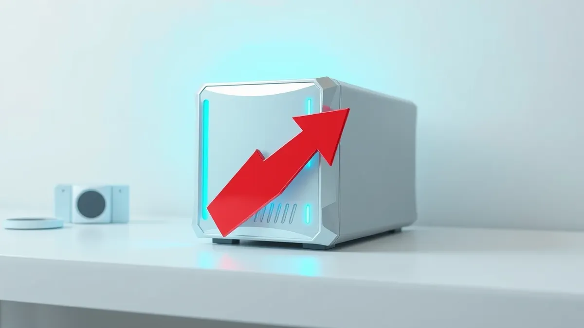 Illustration: A sleek silver server node sits on a clean white desk, its front panel glowing with soft blue indicator lights.