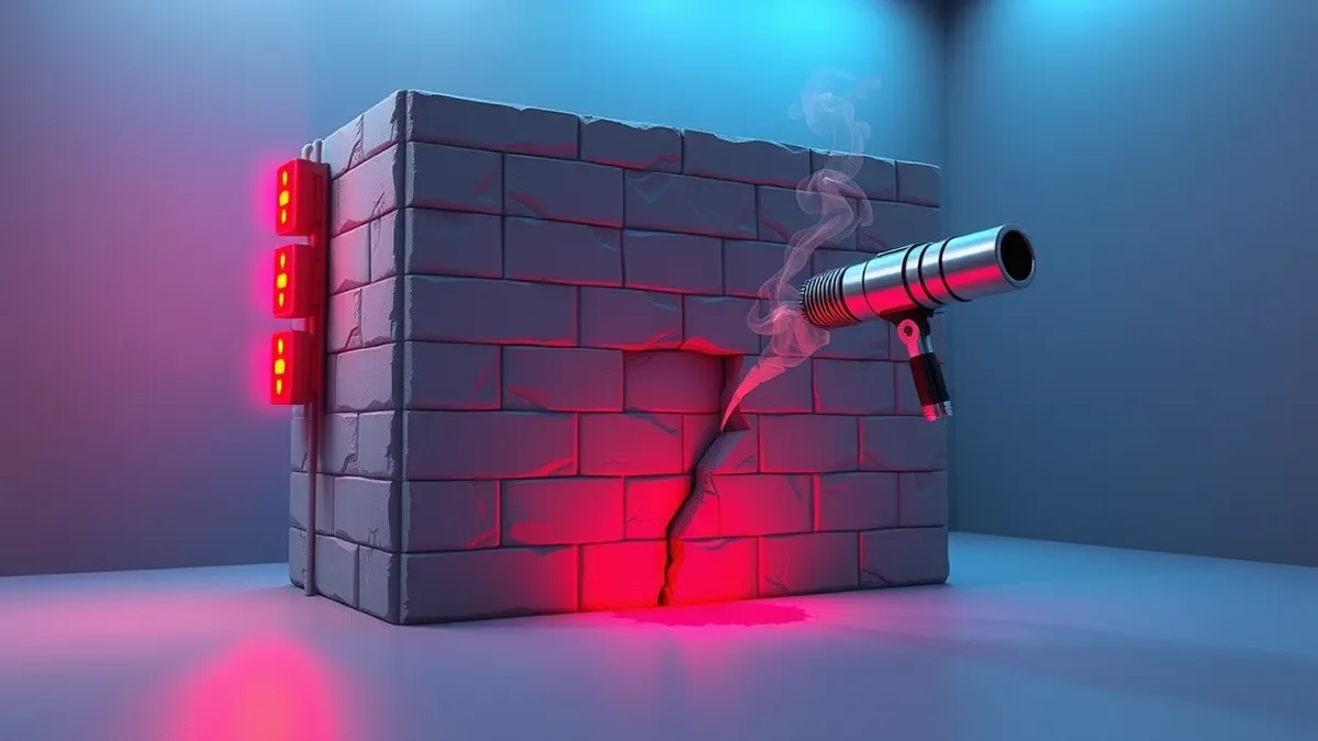 Illustration: A concrete wall made of digital bricks sits in a dimly lit room.
