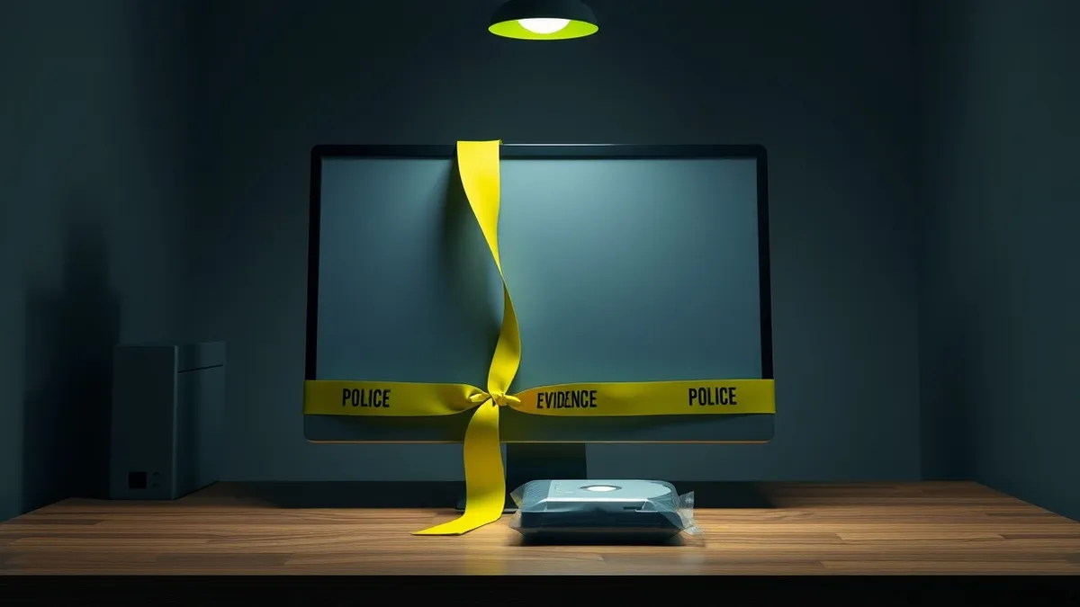Illustration: A dark office interior features a single computer monitor displaying a blank, abstract interface.