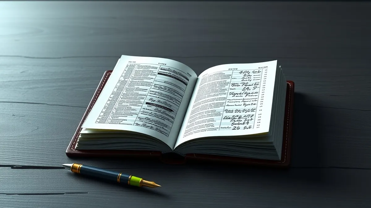 Illustration: A solitary leather-bound ledger rests on a stark wooden desk, its pages filled with dense columns of abstract black ink marks representing complex financial flows.