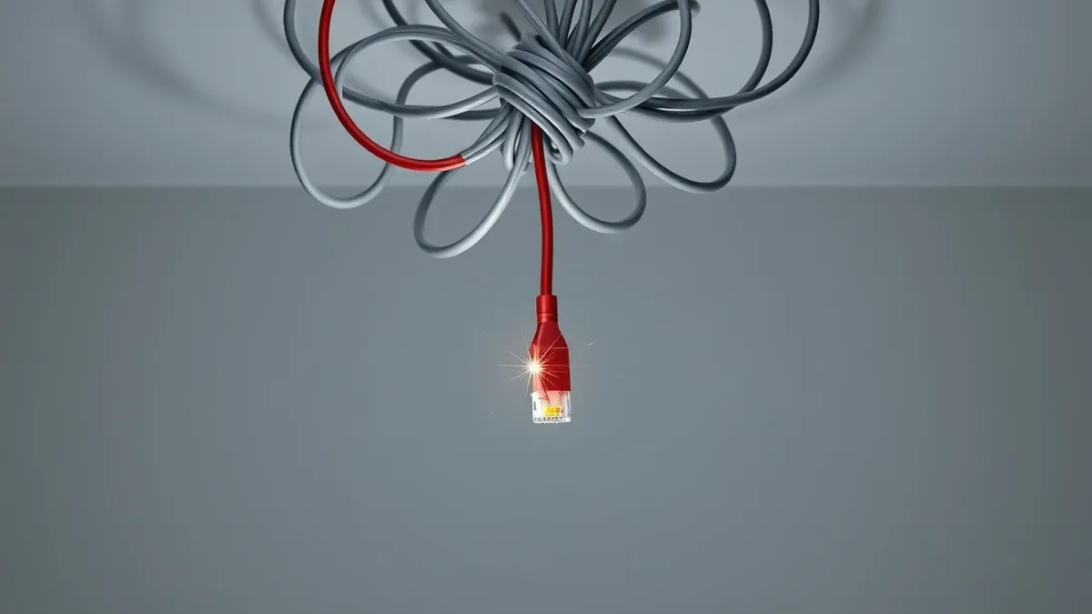 Illustration: A tangled knot of ethernet cables hangs from a ceiling, with one red cable severed and dangling loose near a blank grey network switch.