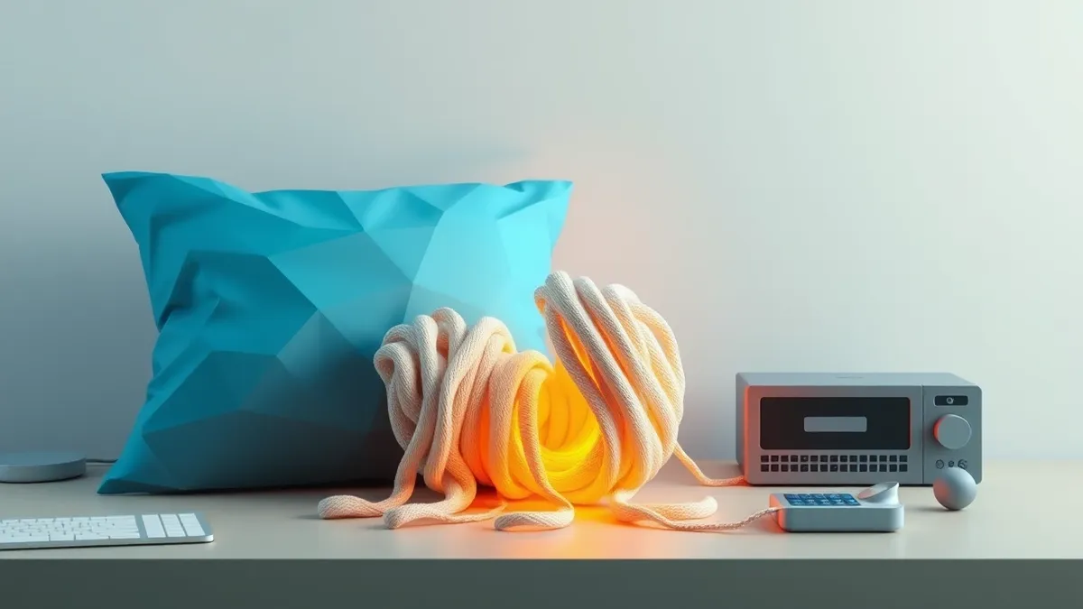 Illustration: A stylized blue pillow rests on a desk next to a tattered, unraveling fabric bundle.