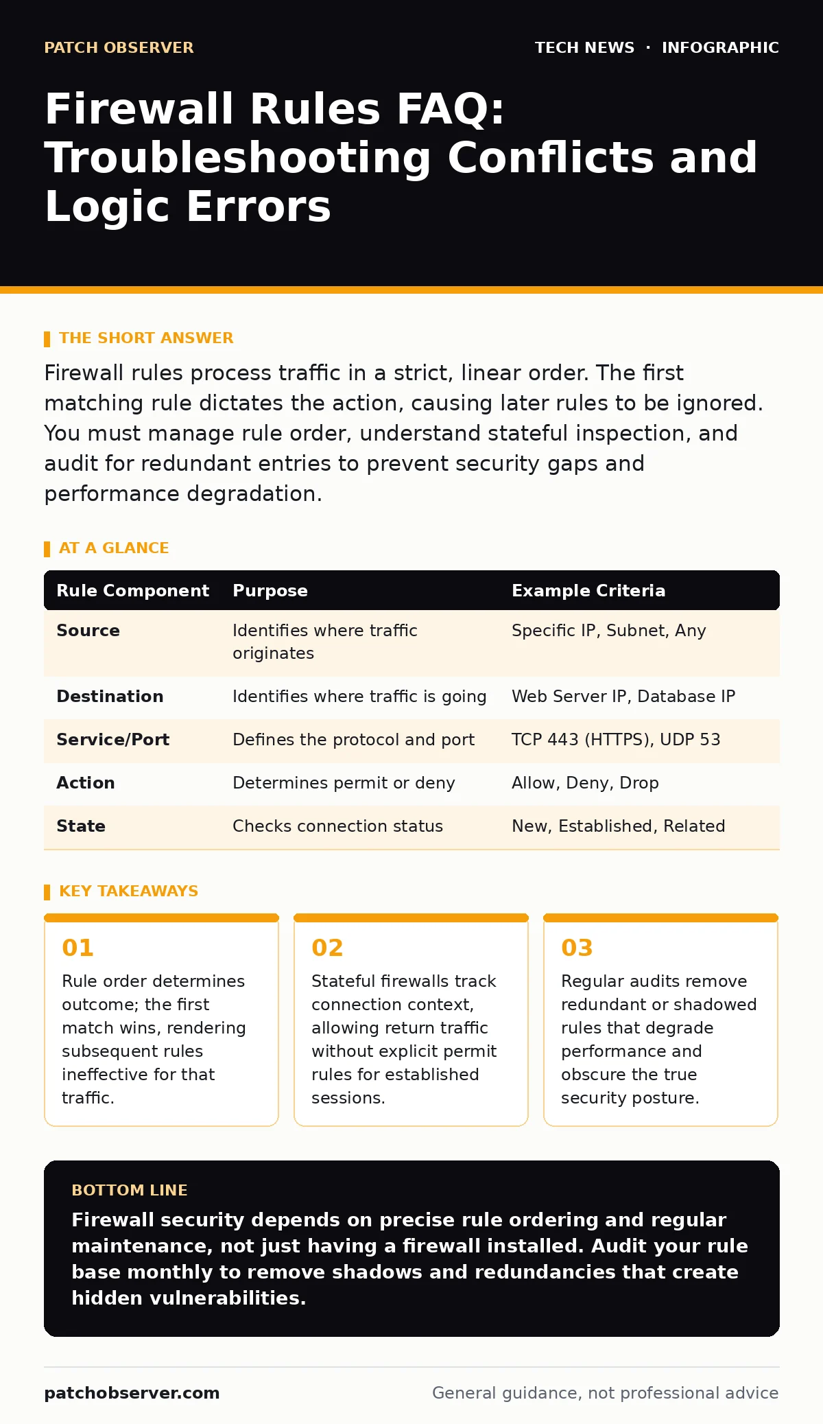 Infographic: Firewall Rules FAQ: Troubleshooting Conflicts and Logic Errors. Rule order determines outcome; the first match wins, rendering subsequent rules ineffective for that traffic. Stateful firewalls track connection context, allowing return traffic without explicit permit rules for establishe