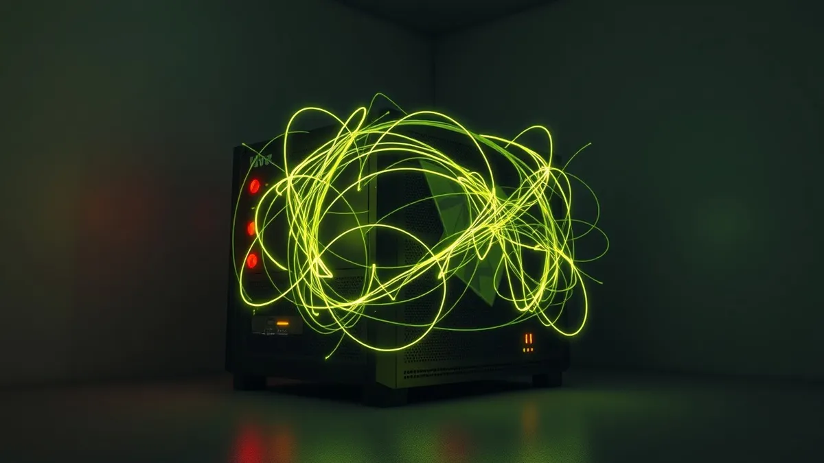 Illustration: A rack-mounted firewall sits in a dim room, its status lights glowing red and yellow.