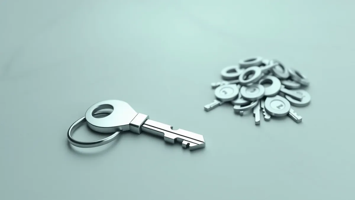 Illustration: A single metallic key rests on a smooth stone surface next to a small pile of identical keys.