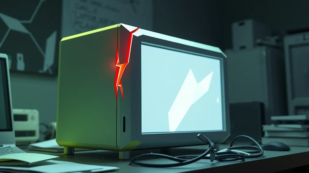 Illustration: A sleek white server unit sits on a cluttered desk, its blank screen glowing with abstract geometric shapes.