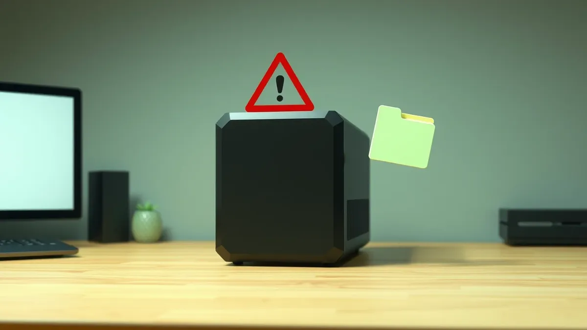 Illustration: A sleek black network storage drive sits on a wooden desk with a red warning triangle hovering above its blank front panel.