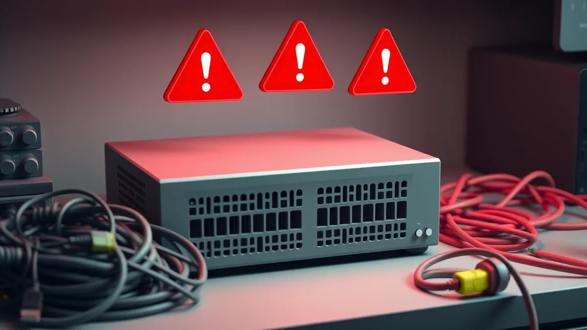 Illustration: A gray network router sits on a cluttered service desk beside a tangled ball of ethernet cables.