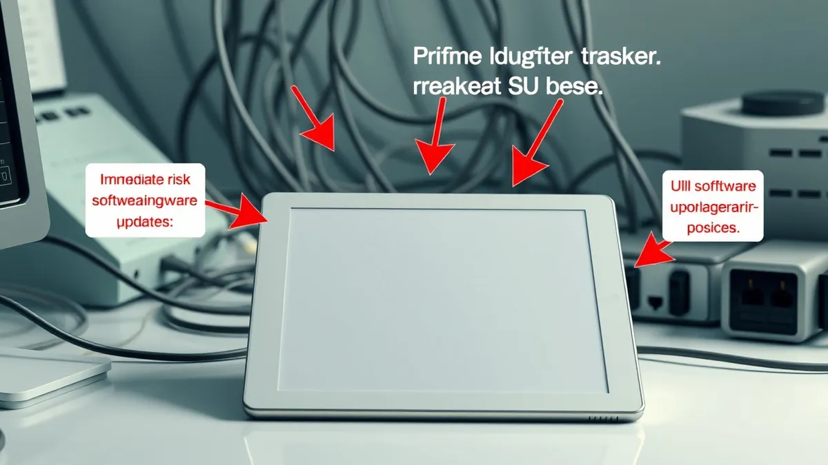 Illustration: A blank tablet rests on a cluttered office desk next to a tangled mess of ethernet cables and a power strip.