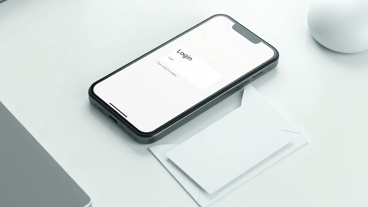 Illustration: A sleek black smartphone rests on a white desk, its screen displaying a blank web browser window with a generic login form.