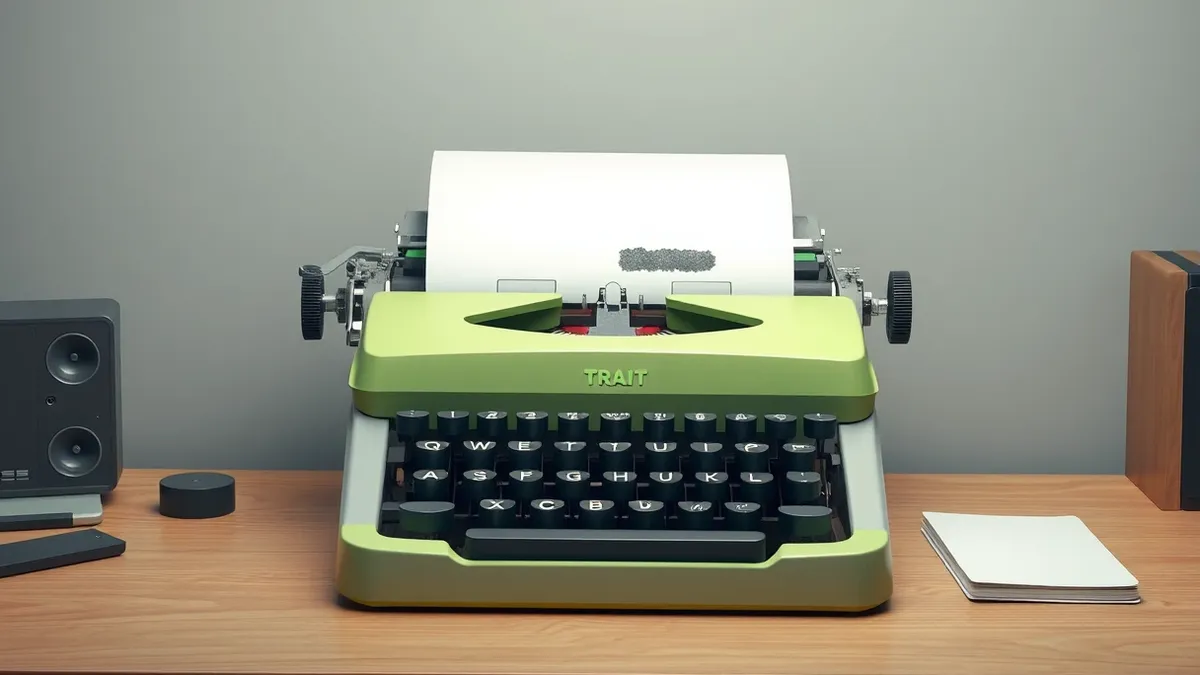 Illustration: A vintage mechanical typewriter sits on a wooden desk, its carriage slightly askew.