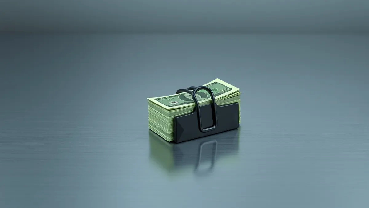 Illustration: A single black plastic money clip rests on a cold stainless steel desk.