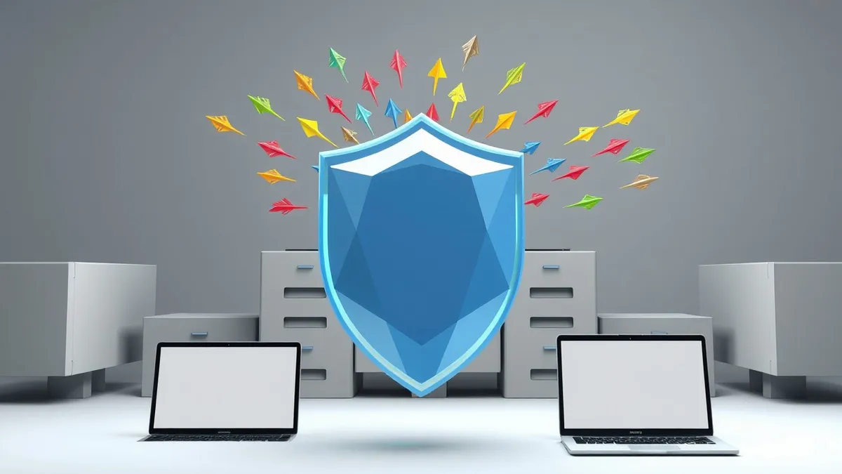 Illustration: A translucent blue shield hovers before a cluster of abstract geometric blocks, intercepting a stream of colorful arrows mid-flight.