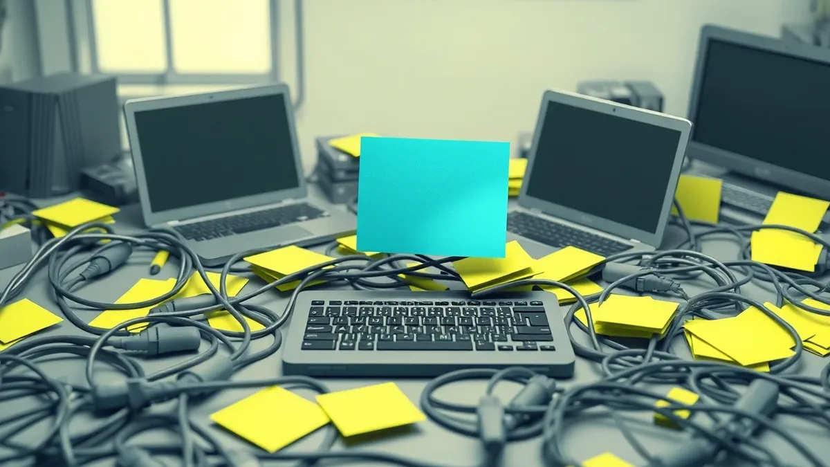 Illustration: A chaotic workspace filled with tangled ethernet cables and open laptop lids sits amidst scattered sticky notes.