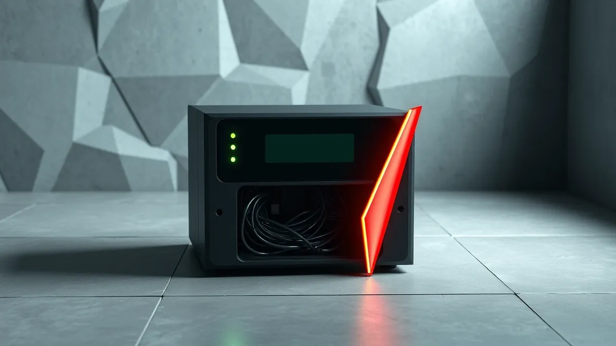 Illustration: A sleek black security appliance sits on a concrete floor, its front panel displaying blank indicator lights.