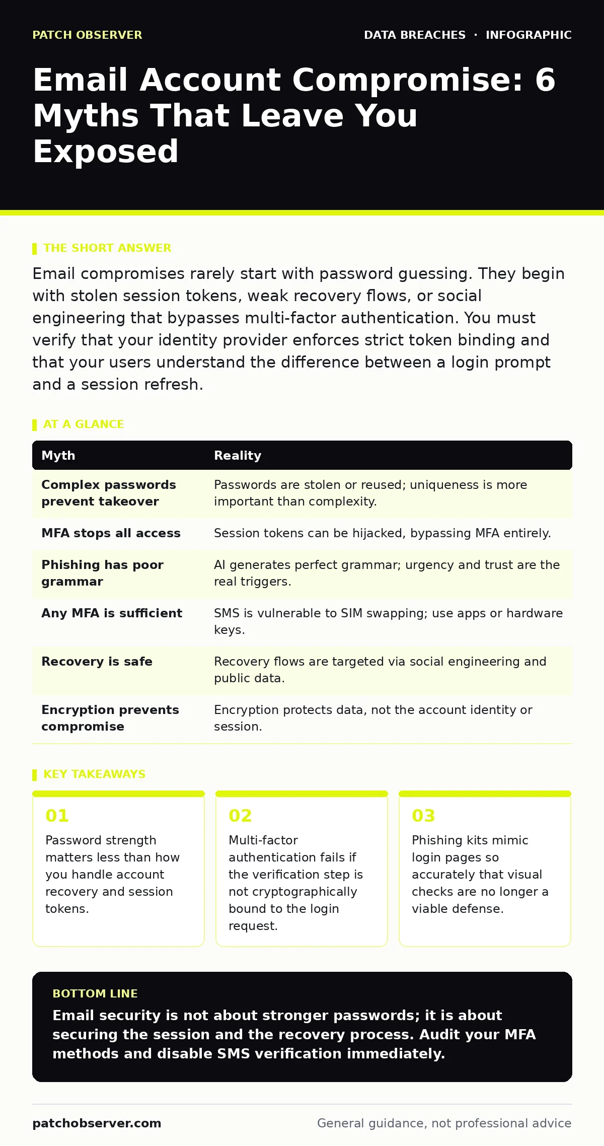 Infographic: Email Account Compromise: 6 Myths That Leave You Exposed. Password strength matters less than how you handle account recovery and session tokens. Multi-factor authentication fails if the verification step is not cryptographically bound to the login request. Phishing kits mimic login pag