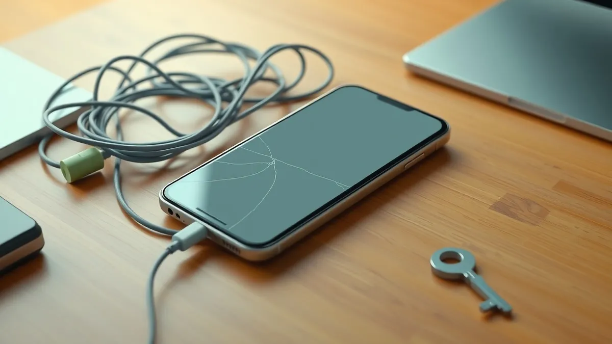 Illustration: A sleek smartphone rests on a wooden desk, its screen displaying a blank notification bubble with a subtle crack spreading across the glass.