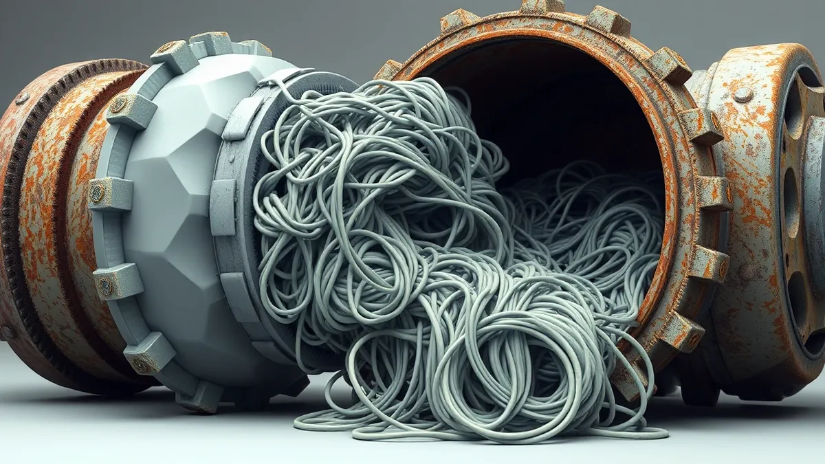 Illustration: A tangled mass of chaotic threads spills out from a rusted gear mechanism, swelling uncontrollably until it bursts through the container's seams.