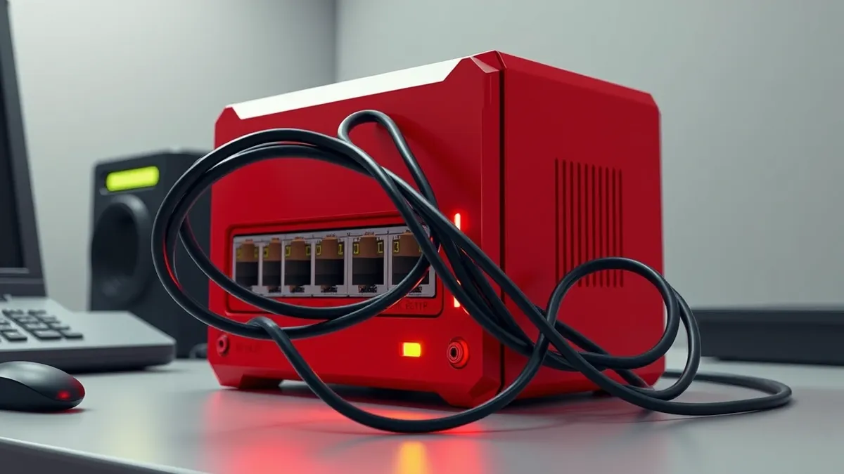 Illustration: A red network gateway device sits on a desk with its front panel lights flashing urgently.
