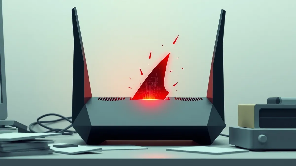 Illustration: A black wireless router sits on a cluttered desk, its antenna angled sharply upward.