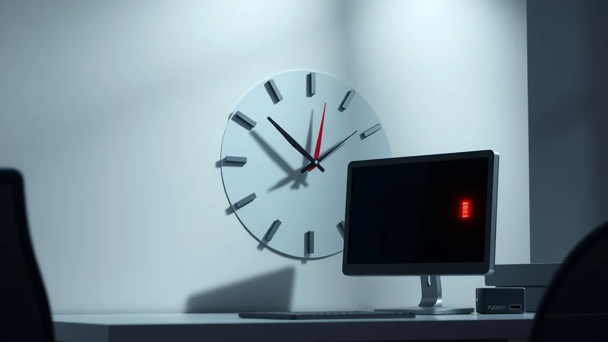 Illustration: A modern office wall clock with its hands spinning rapidly forward, casting urgent shadows across a desk.