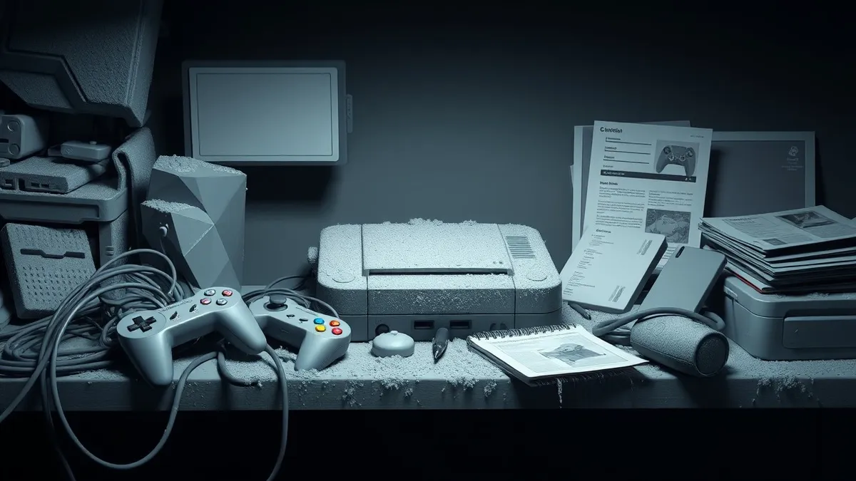 Illustration: A dusty gray game console sits abandoned on a cluttered shelf next to tangled controllers and faded instruction booklets.