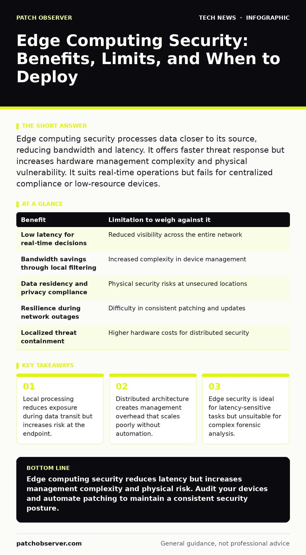 Infographic: Edge Computing Security: Benefits, Limits, and When to Deploy. Local processing reduces exposure during data transit but increases risk at the endpoint. Distributed architecture creates management overhead that scales poorly without automation. Edge security is ideal for latency-sensiti
