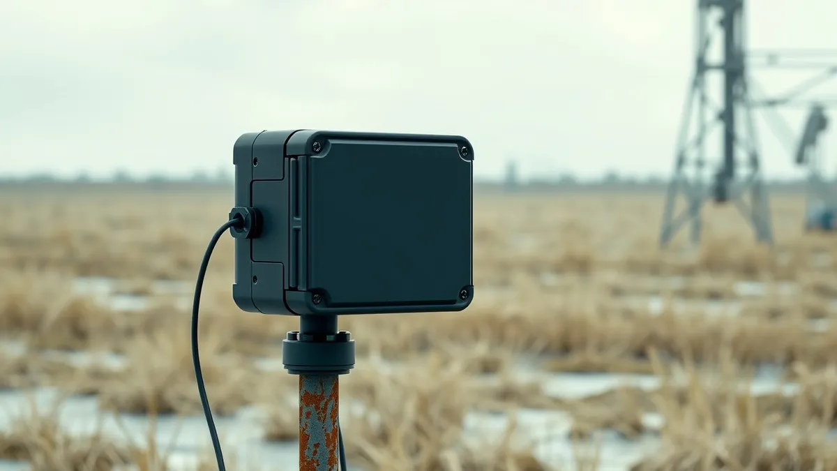 Illustration: A small, rugged black sensor box sits mounted on a rusted metal pole in a windy industrial field.