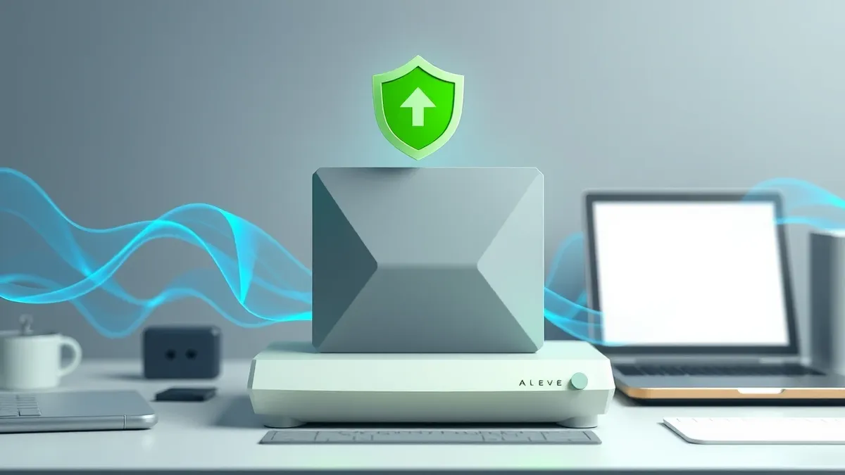 Illustration: A network firewall sits on a desk with a small green patch symbol floating above it, representing a software update.