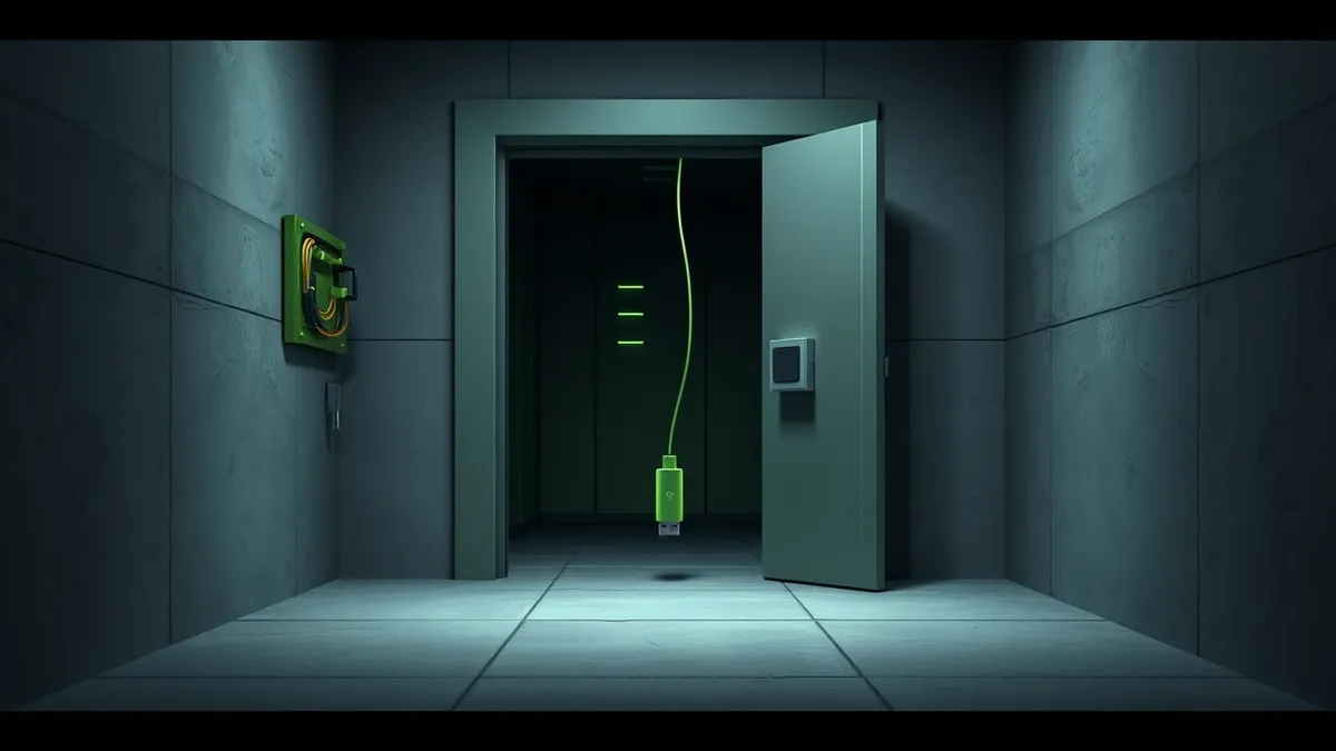 Illustration: A heavy metal security door stands slightly ajar in a dim concrete corridor.