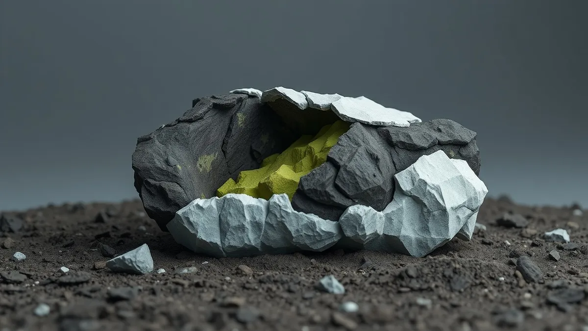 Illustration: A fragment of dark ancient wood rests on dry earth, completely encased in a rough, jagged shell of white mineral stone.