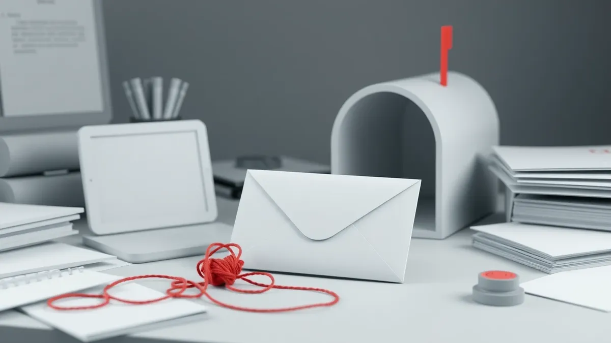 Illustration: An empty white envelope rests on a cluttered desk next to a red stamp and a tangled knot of red thread.
