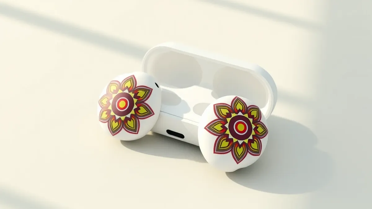 Illustration: A pair of white wireless earbuds rests on a flat surface, their smooth shells decorated with intricate, colorful geometric patterns resembling traditional floral art.