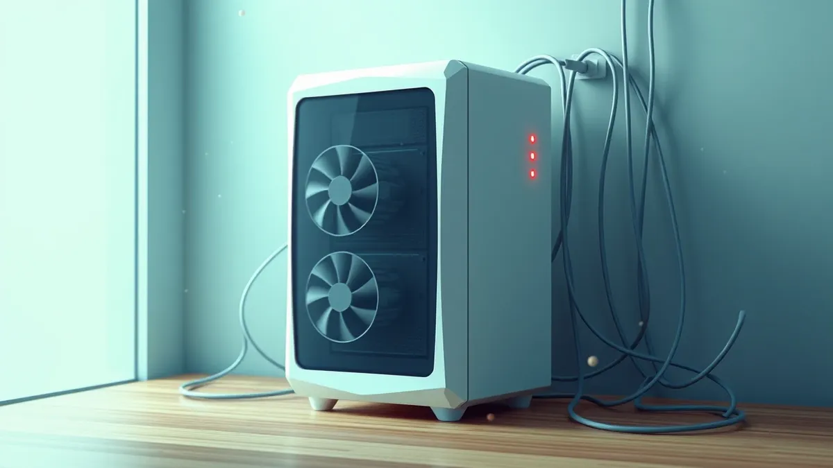 Illustration: A white server tower sits on a wooden desk with its ventilation fans spinning rapidly while tangled ethernet cables snake toward the wall.