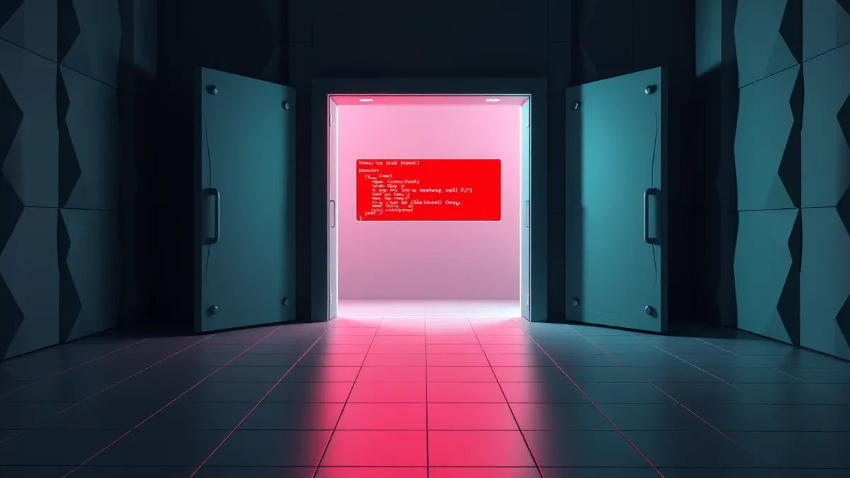 Illustration: An open network gateway stands alone in the dark, its metal doors wide open.
