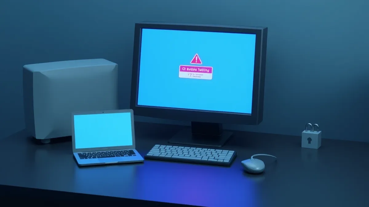 Illustration: A sleek black security testing console sits on a dark desk with its screen displaying a blank blue interface.