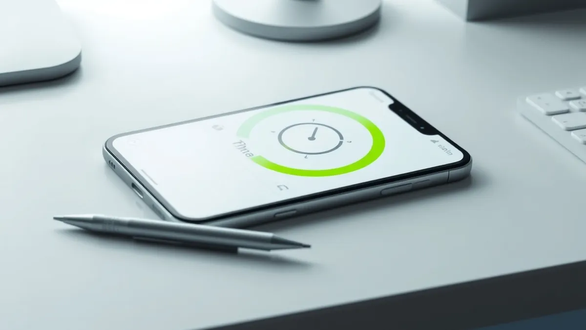 Illustration: A smartphone rests on a clean desk surface, its screen displaying abstract concentric circles representing time limits.