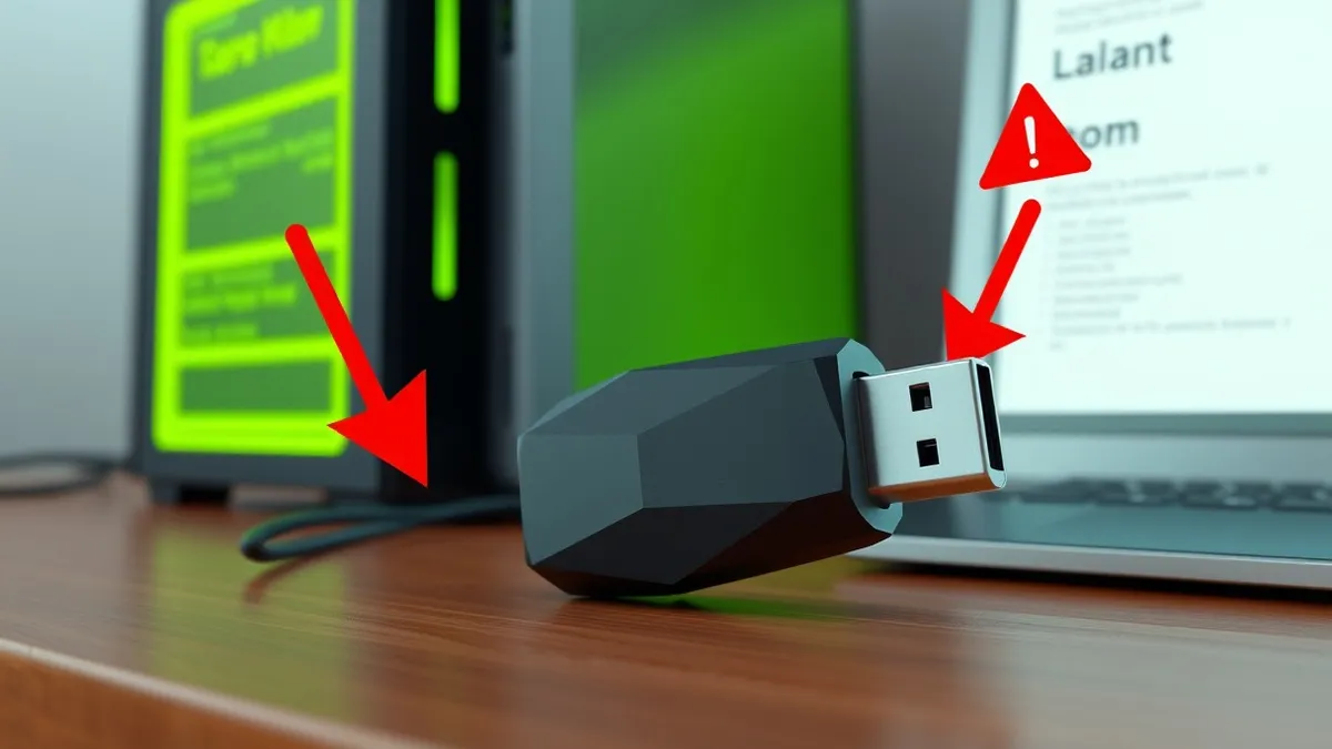 Illustration: A black USB drive sits on a wooden desk next to a computer tower, with red warning arrows emanating from the device toward the machine's port.